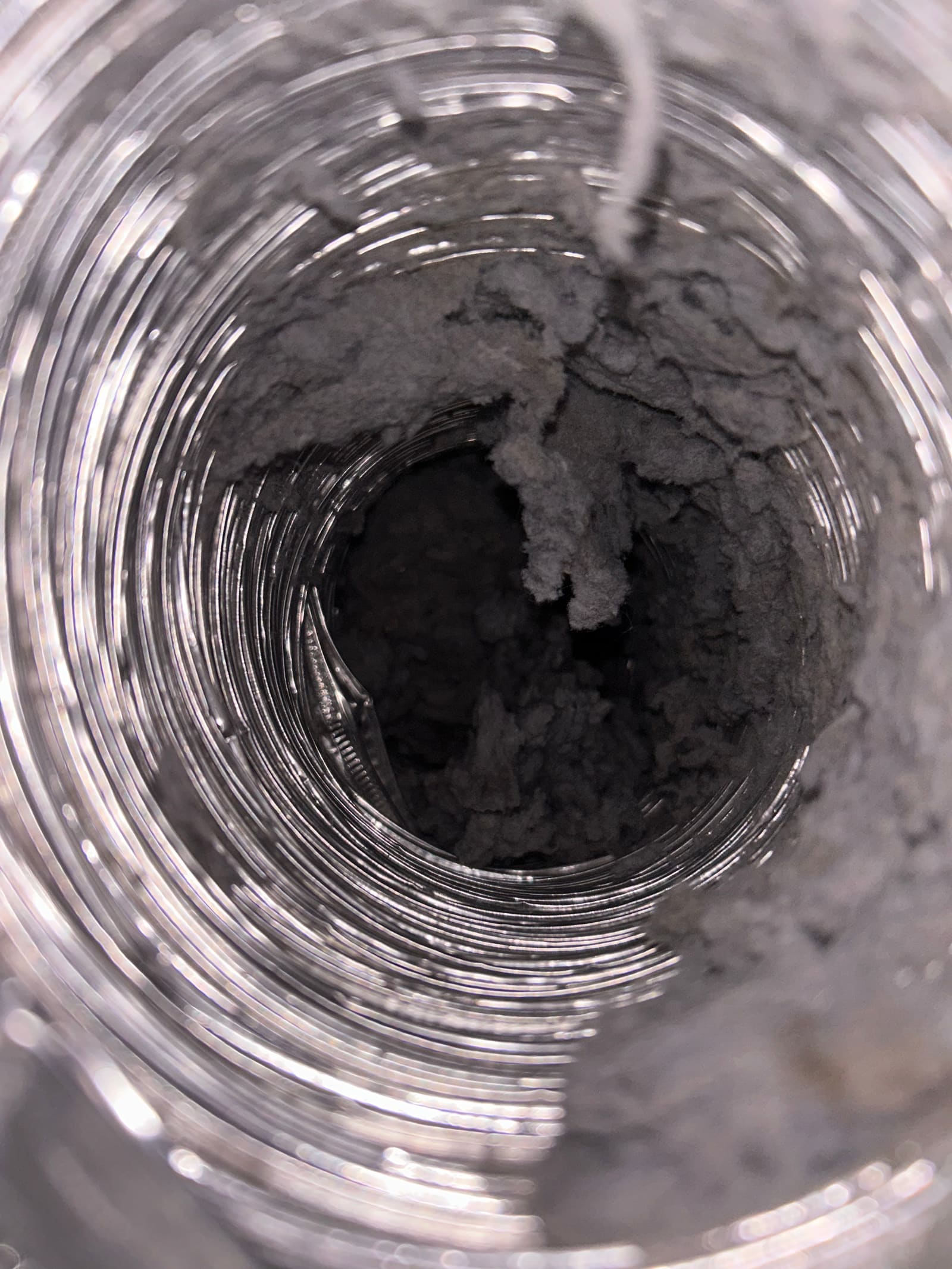 Dense lint buildup inside a flexible dryer duct, seen looking along the length of the run.